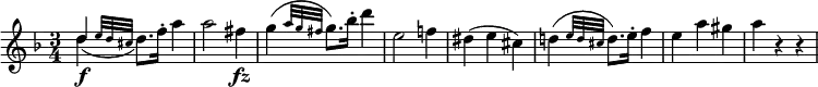 {
\relative d'' {
\key d \minor \time 3/4
<< \new Voice { \stemUp \slurDown d4( \f \grace { e32 d cis } \stemDown d8.) f16-. a4 }
\new Voice { d, 4 } >>
a'2 fis4 \fz
g4( \grace { a32 g fis } g8.) bes16-. d4
e,2 f!4
dis4( e cis)
d!4( \grace { e32 d cis } d8.) e16-. f4
e4 a gis
a4 r r
}
}