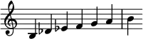 {
\override Score.TimeSignature #'stencil = ##f
\relative c' {
\clef treble \time 6/4
b4 des es f g a b
} }