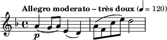 \relative c'' {\key f \major \tempo "Allegro moderato – très doux" 4 = 120 a4\p (g8 a8) e4 (d4) a'8 (f8 c'8 e8) d2}