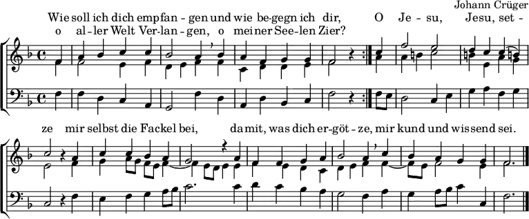 
\header { tagline = ##f composer = "Johann Crüger" }
\paper { #(set-paper-size "a4") }
\layout { indent = 0
  \context { \Score \remove "Bar_number_engraver" }
  \context { \Voice \remove "Dynamic_engraver" }
}

global = { \key f \major \time 4/4 \partial 4 }

soprano = \relative c' { \global \set midiInstrument = "oboe"
  \repeat volta 2 { f4\f | a bes c c | bes2 a4 \breathe bes | a f g g | f2 r4 }
  c'4 | f2 e | d4 c c (b!) | c2 r4 a | c c bes a | g2 r4
  a | f f g a | bes2 a4 \breathe c | bes a g g | f2. \bar "|."
}

alto = \relative c' { \global \set midiInstrument = "english horn"
  \repeat volta 2 { f4\p | f2 e4 f | d e f f | c d d e f2 r4 }
  a4 | a b c2 | b4 e, a g e2 r4 f | g a8 g f e f4~ | f e8 d e4
  e | f e d c | d e f f~ | f8 e f2 e4 | f2. \bar "|."
}

tenor = \relative c { \global \set midiInstrument = "bassoon"
  \repeat volta 2 { f4\f | f d c a | g2 f'4 d | a d bes c | f2 r4 }
  f8 e | d2 c4 e | g a f g | c,2 r4 f4 | e f g a8 bes | c2.
  c4 d c bes a | g2 f4 a | g a8 bes c4 c, | f2. \bar "|."
}

verse = \lyricmode {
  << { Wie soll ich dich emp -- fan -- gen
  und wie be -- gegn ich dir, }
  \new Lyrics \with { alignAboveContext = "right" } { o al -- ler Welt Ver -- lan -- gen,
  o mei -- ner See -- len Zier? } >>
  O Je -- su, Je -- su, set -- ze
  mir selbst die Fa -- ckel bei,
  da -- mit, was dich er -- göt -- ze,
  mir kund und wis -- send sei.
}

\score {
  \new ChoirStaff
  <<
    \new Staff = "right" \with { \consists "Merge_rests_engraver" }
    % \choirPart
    <<
      \new Voice = "soprano" { \voiceOne \soprano }
      \new Voice = "alto" { \voiceTwo \alto }
    >>
    \new Lyrics \with { alignAboveContext = "right" }
    \lyricsto "soprano" \verse
    \new Staff
    <<
      \clef bass
      \new Voice = "tenor" { \tenor }
    >>
  >>
  \layout { }
}
\score { \unfoldRepeats << \soprano \\ \alto \\ \tenor >>
  \midi { \tempo 4=108
    \context { \Score midiChannelMapping = #'instrument }
    \context { \Staff \remove "Staff_performer" }
    \context { \Voice \consists "Staff_performer" }
  }
}
