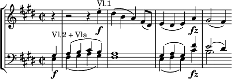 \new StaffGroup <<
\new Staff \relative e'' { \key e \major \time 2/2
\partial 4 r4 | r2 r4 e-. \f ^\markup { "Vl.1"}| dis4( b a) fis8( dis)
e4( dis e) a \fz | gis2( fis4)}
\new Staff { \key e \major \time 2/2 \clef "bass"
\partial 4 << \new Voice \relative gis { \stemUp \slurUp gis4 ^\markup { "Vl.2 + Vla"}
a4( b cis b) | a1 | gis4( a gis) fis' | e2( dis4) }
\new Voice \relative e { \stemDown \slurDown e4 \f
fis4( gis a gis) | fis1 | e4( fis e) cis' \fz | b2. } >>
} >>