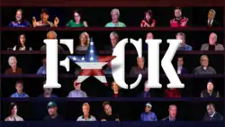 Fuck with asterisk instead of letter U, with background of tiled images of interviewees from film