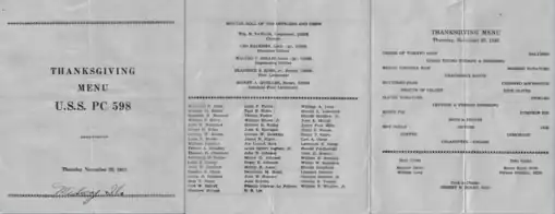 Thanksgiving Menu USS PC-598, November 25, 1943, Midway Island