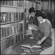 Heart Mountain Relocation Center, Heart Mountain, Wyoming. Scene in the Heart Mountain High School library