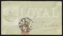 Faded envelope with "LOYAL" in large print above a Middlesex, Vermont address. To the left of the text, a Green Mountain image with the Vermont motto