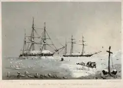 a colored engraving of two ships stuck in the ice with sailors working on the surrounding ice.