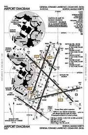 A map with a grid overlay showing the terminals runways and other structures of the airport.